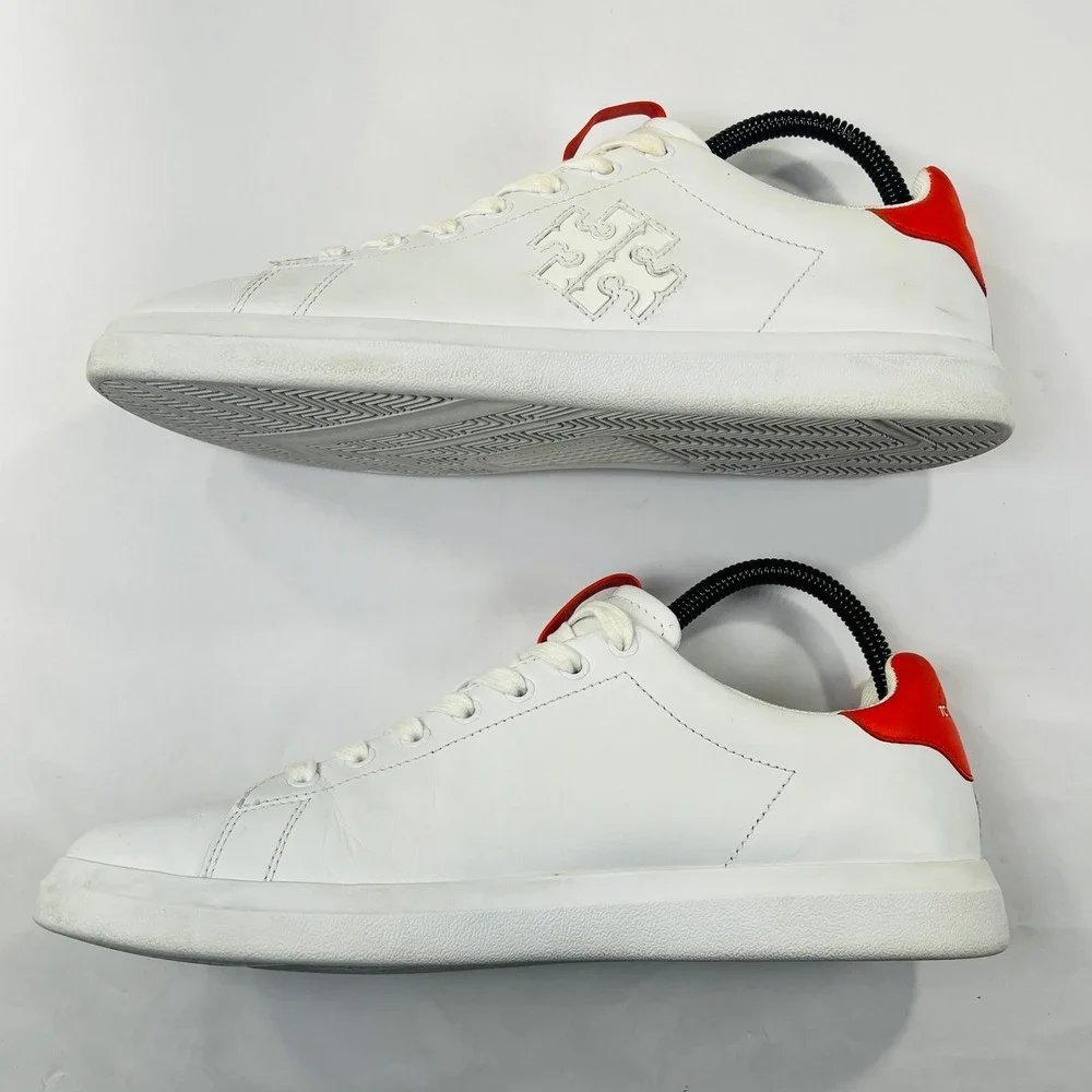 Tory Burch Double T Howell Court Sneaker Women 9 White Red Leather Designer Shoe
